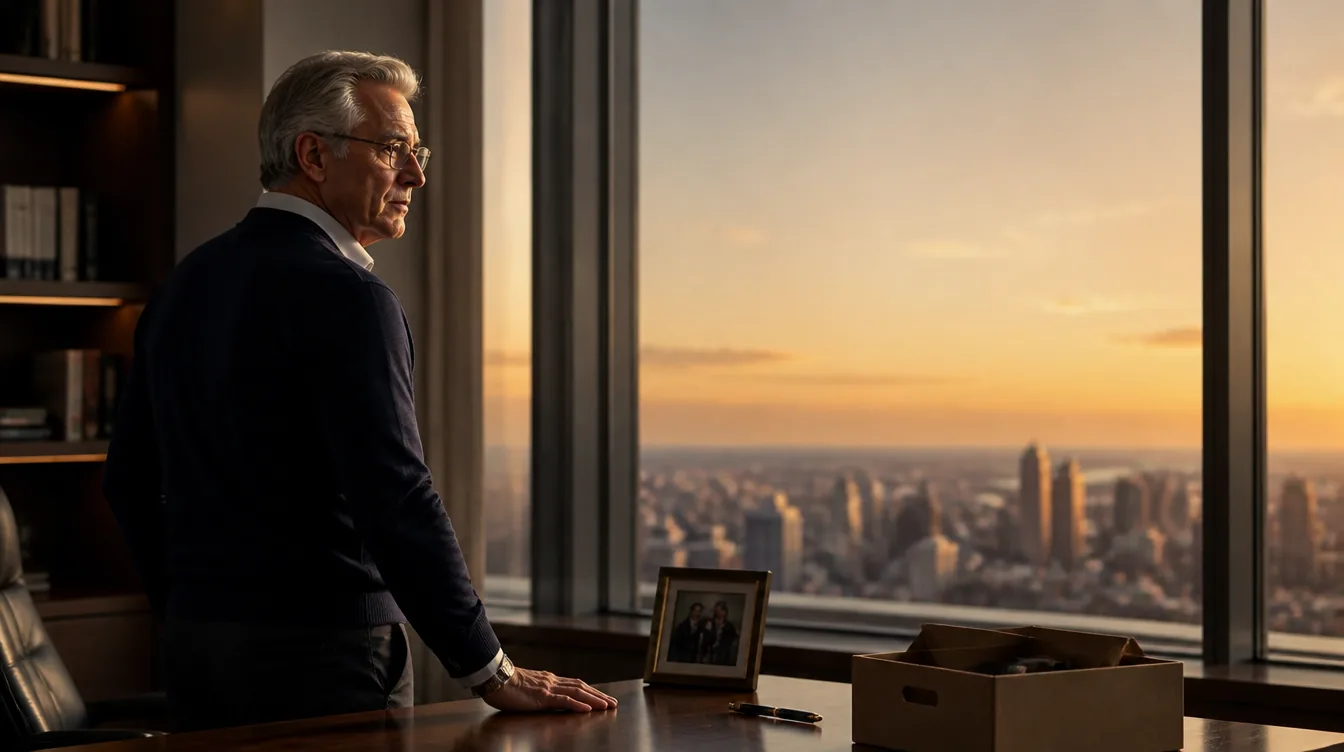 David alone in his corner office at sunset, a packed box on the desk.