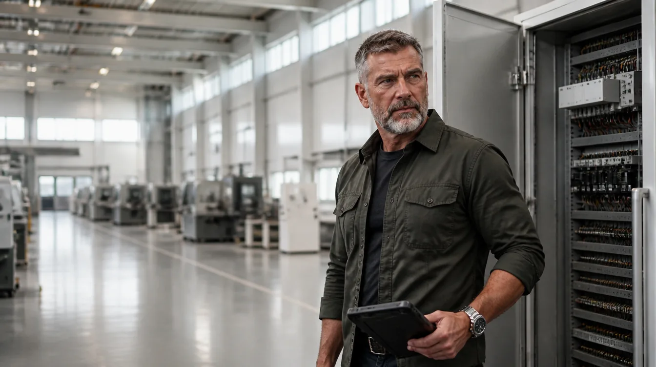 Marcus beside an open industrial control cabinet on a manufacturing floor.