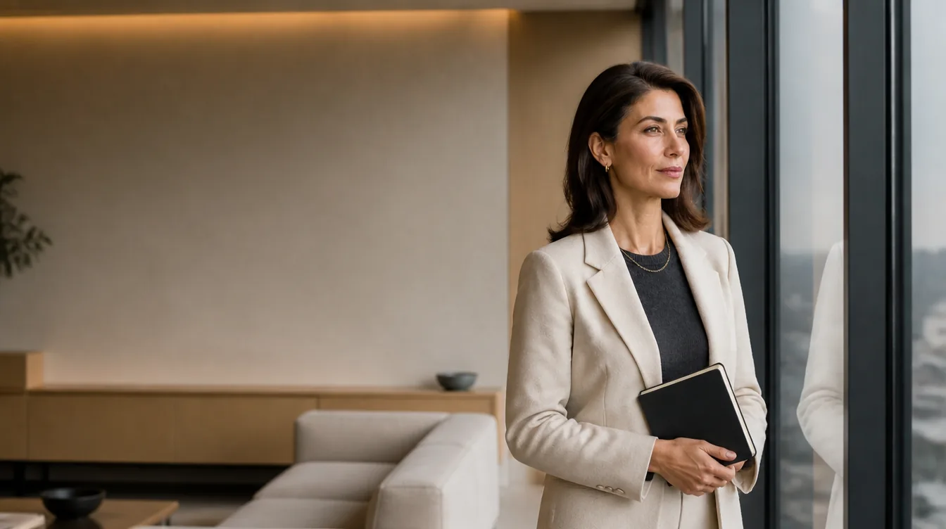 Sarah, VP Sales, standing at the window of an executive lounge.